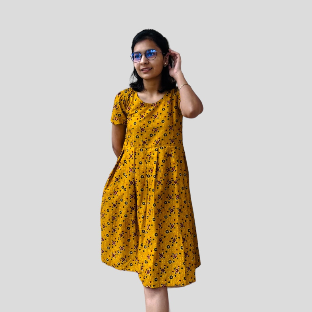 yellow bandhani printed dress