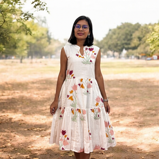 White Floral printed Tiered Dress